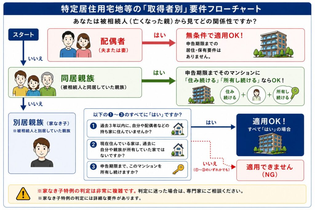 特定居住用宅地の取得者別要件フロー
